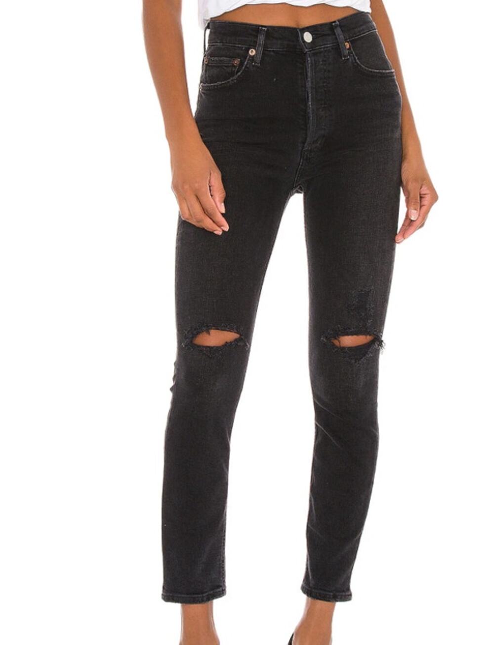 Agolde Nico High Rise Slim Denim Jeans Cotton Stretch Destroyed Button Fly 26